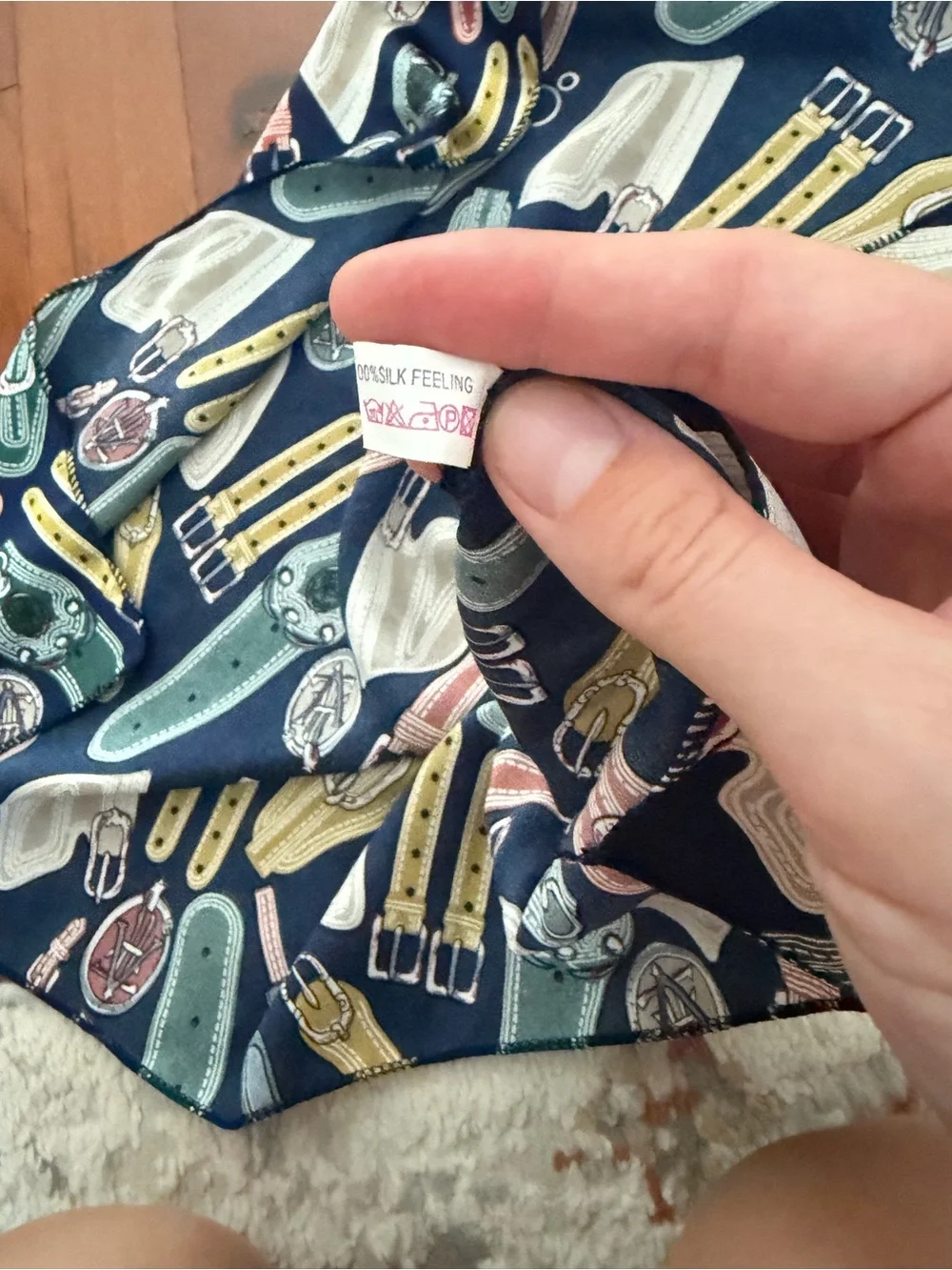 Navy Silk Scarf with Colorful Belt & Watch Motif